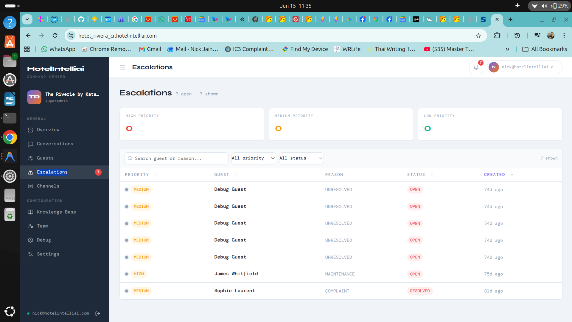 HotelIntelliAI escalation management table showing high, medium and low priority guest complaints detected by AI with staff notification status