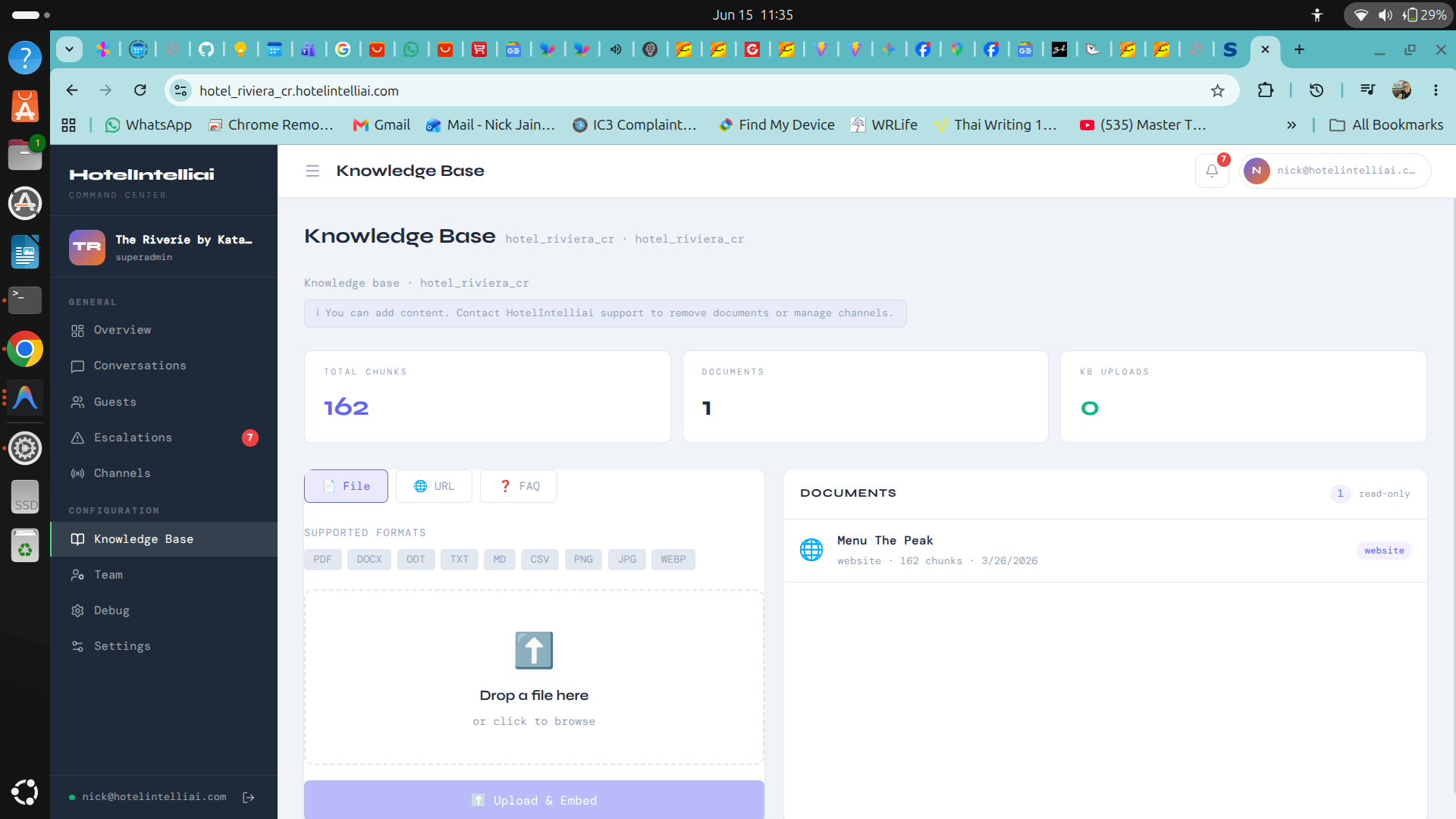 HotelIntelliAI Knowledge Base interface showing auto-scraped website content, uploaded PDFs and brochures organized as AI training data with vector search