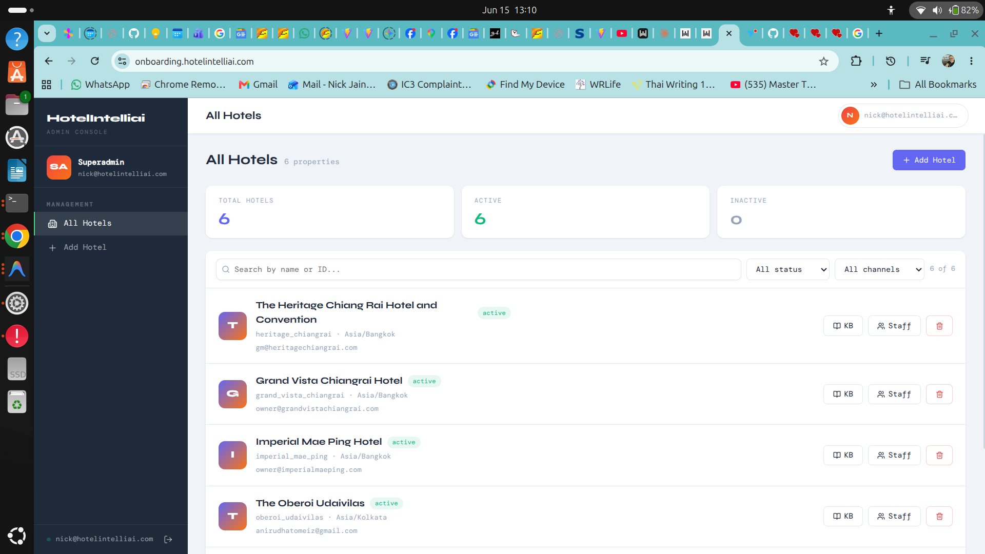 HotelIntelliAI multi-property superadmin console — the central hub for managing hotel AI configurations, staff, and knowledge bases across an entire portfolio